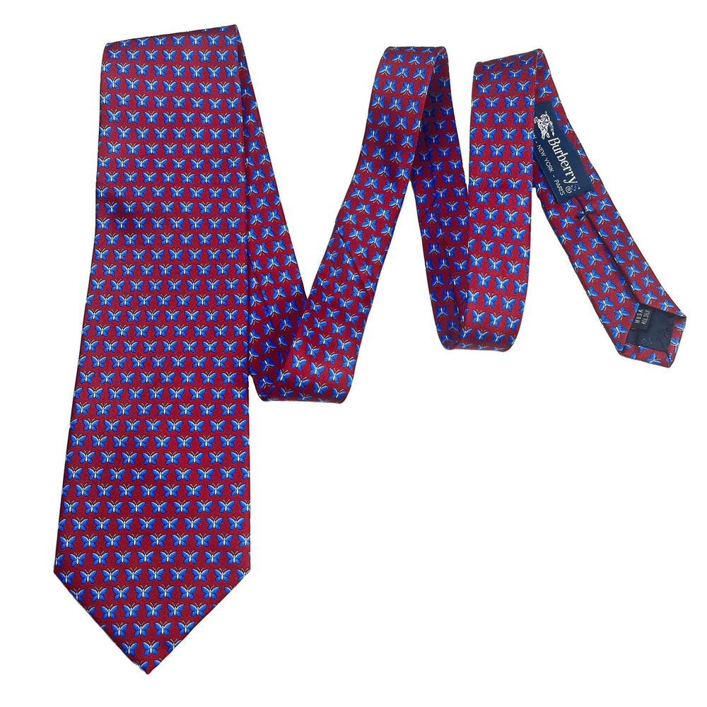 Vintage NWOT Burberrys Tie Mens Burgundy Blue Butterfly Pattern 100% Silk